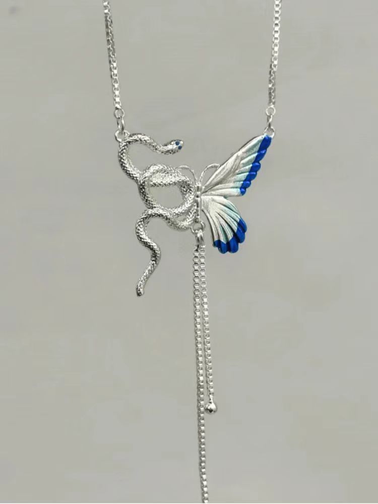 Feng Shui Necklace Asymmetric Spirit Snake Butterfly Tassel Necklace Clavicle Chain