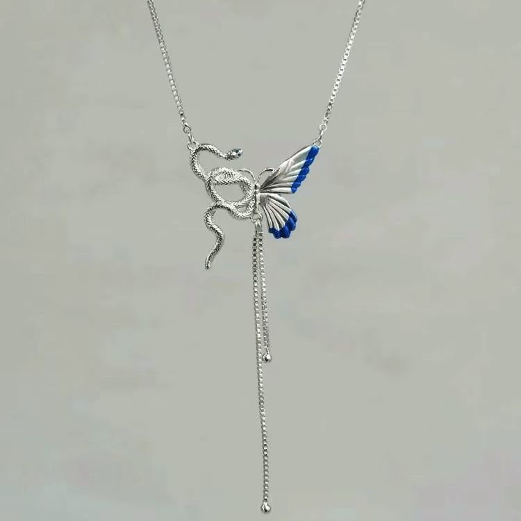 Feng Shui Necklace Asymmetric Spirit Snake Butterfly Tassel Necklace Clavicle Chain