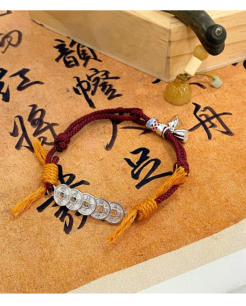 Feng Shui Five Emperors Money Koi Bracelet Personality Guochao New Chinese Woven Red Hand Rope Jewelry