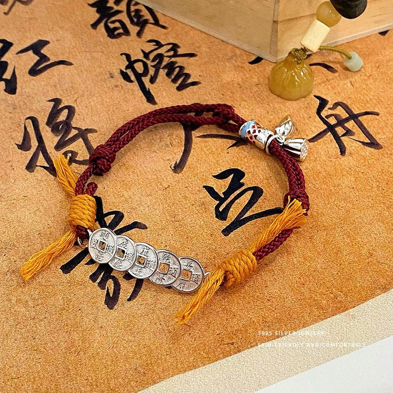 Feng Shui Five Emperors Money Koi Bracelet Personality Guochao New Chinese Woven Red Hand Rope Jewelry