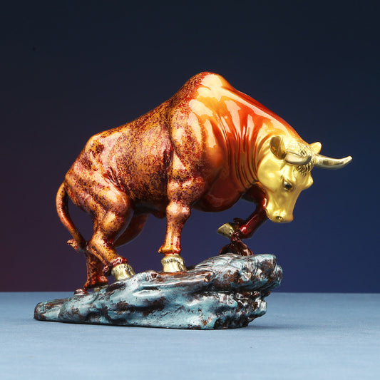 Feng Shui ornament, colored copper and copper bull ornament, pioneering cow ornament